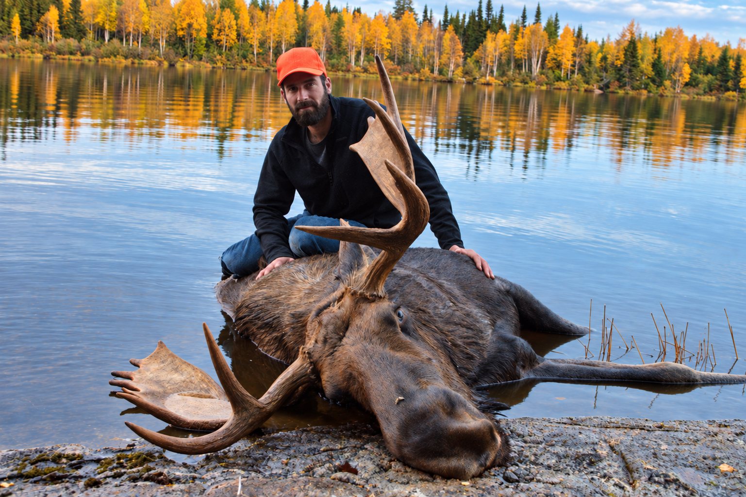 Successful hunter and bull moose beside a remote Ontario lake