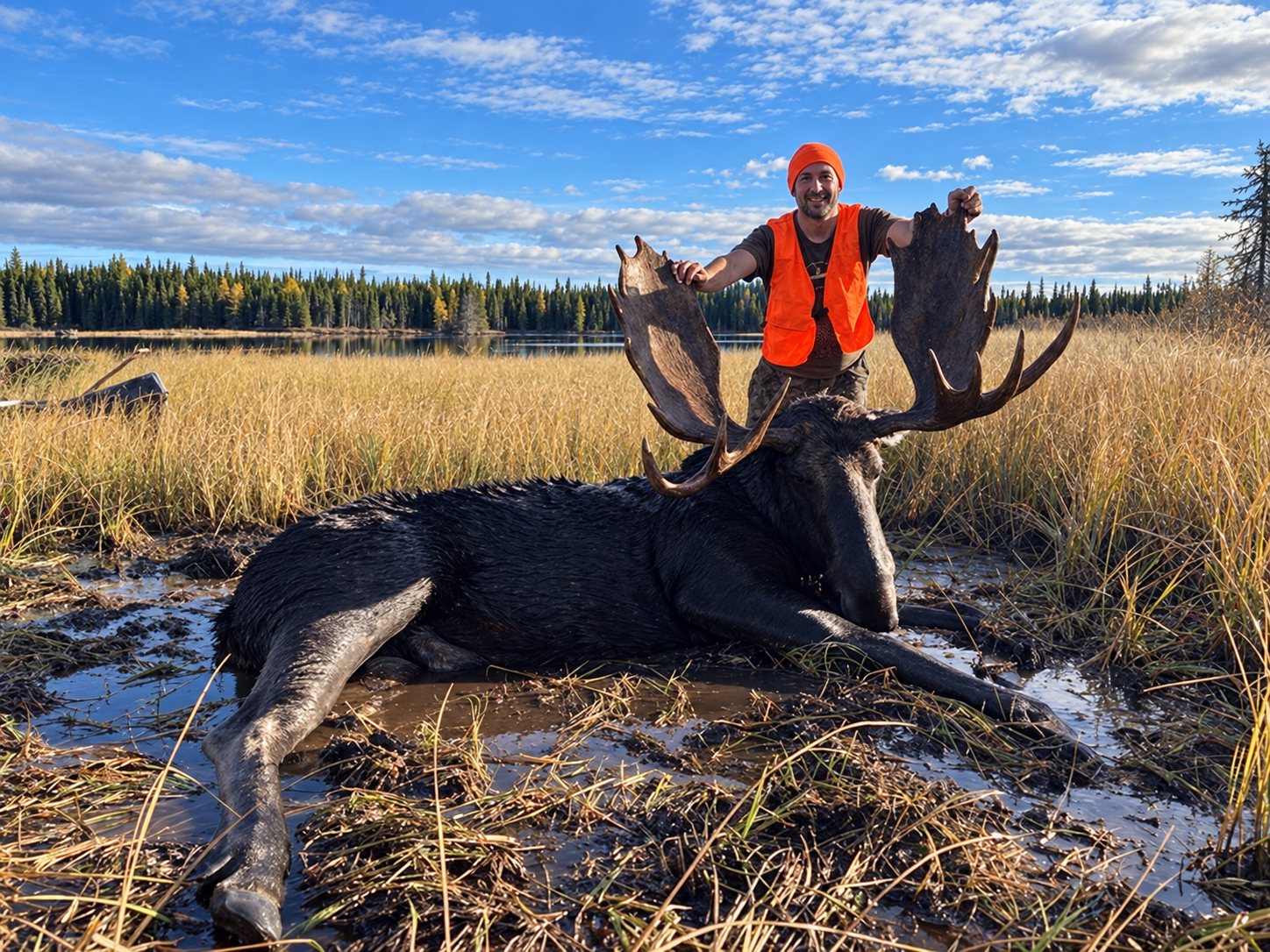 Successful moose hunter in golden marsh