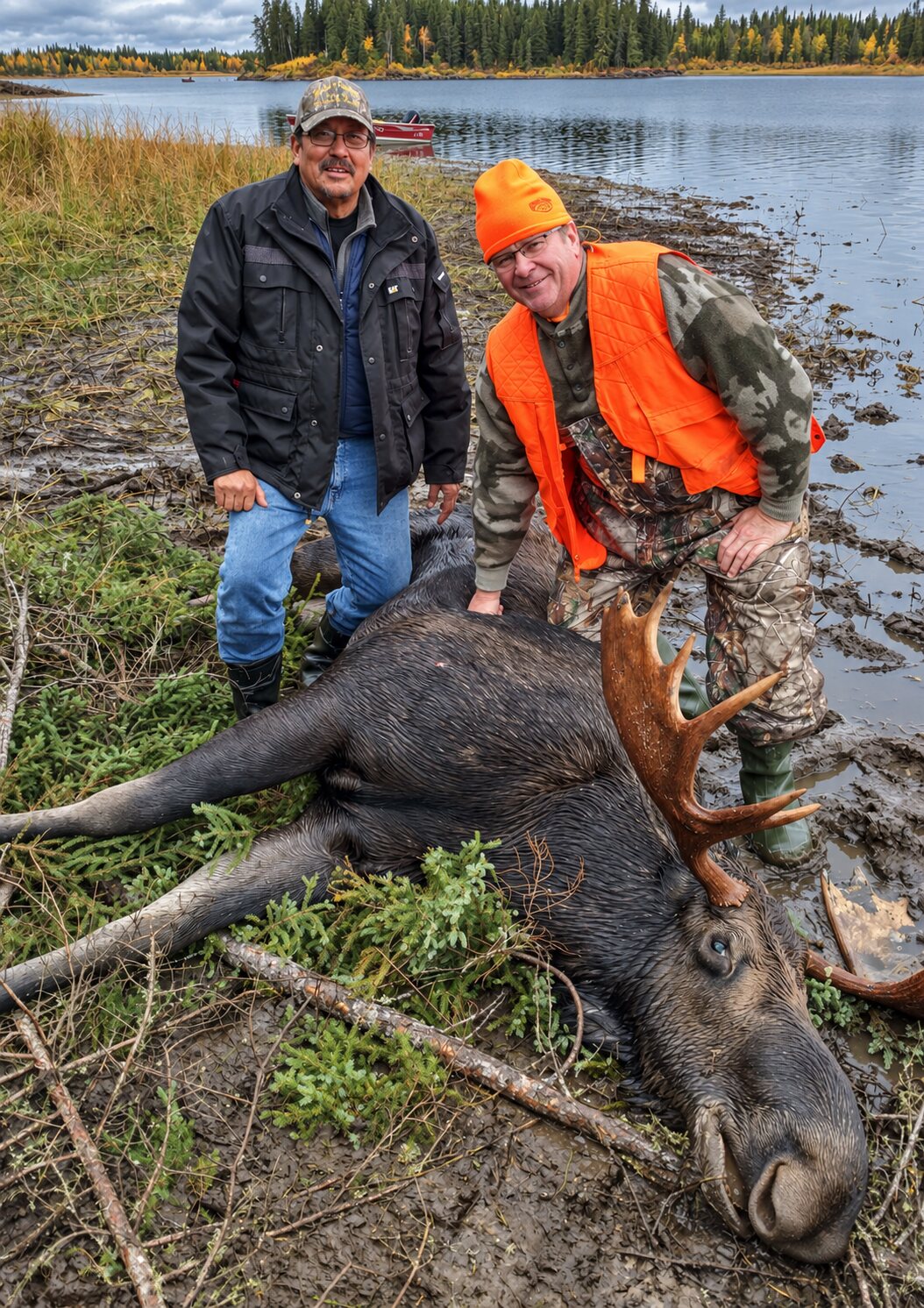 Charles Wesley and a non-resident hunter with a harvested bull moose during an earlier guided cabin hunt