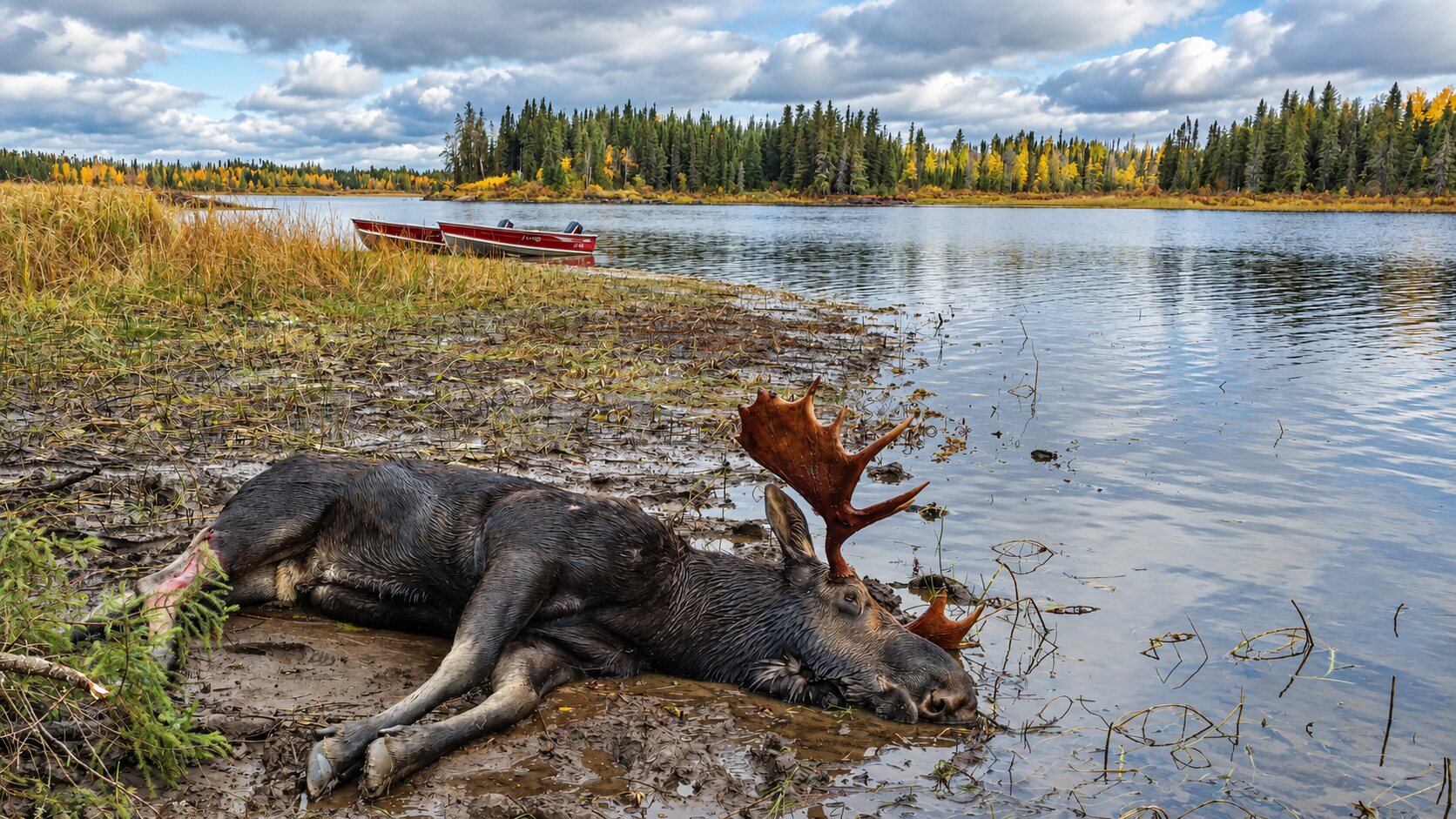 Harvested bull moose at the riverbank near a remote cabin with a hunting boat in the background